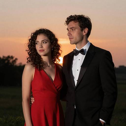 Photograph of a curly-haired woman in a red dress and a curly-haired man in a black tuxedo at sunset, standing close together with a
