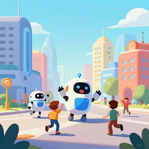 Colorful digital illustration of children playing with robot friends in a vibrant cityscape with tall buildings, bright blue sky, and lush greenery.