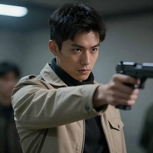 Intense Man with Handgun in Urban Setting