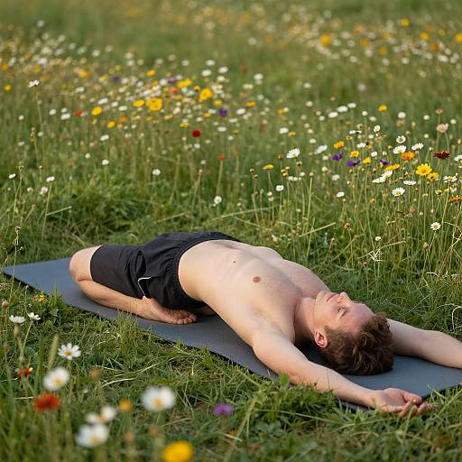 Photograph of a shirtless, fair-skinned man with brown hair, lying on a gray yoga mat in a grassy meadow with colorful wild