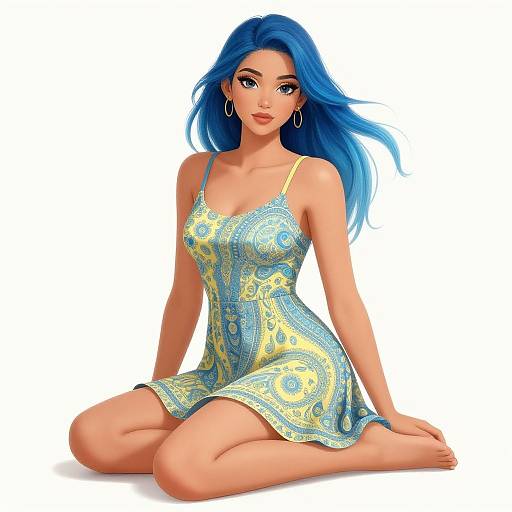 Digital art of a blue-haired woman with large eyes, wearing a yellow and blue patterned sundress, kneeling on the ground.