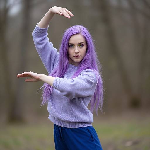 Photograph of a young woman with long, vibrant purple hair, wearing a light purple sweater and blue pants, posing gracefully in a blurred, forested