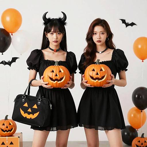 Halloween Girl Duo with Pumpkin
