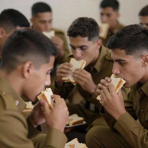 Young Men in Military Uniform Sharing Lunch