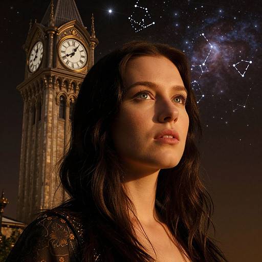 Photograph of a woman with long black hair, gazing upwards at a starry night sky with a clock tower in the background.