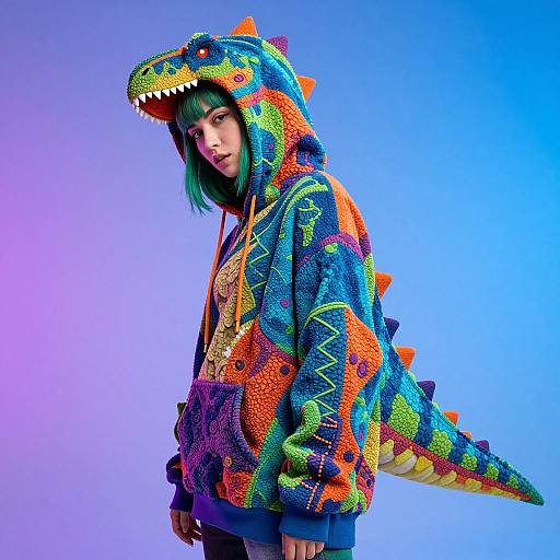 Photograph of a young woman with green hair wearing a vibrant, colorful, dinosaur-themed hoodie with spikes and a tail, set against a blue gradient background