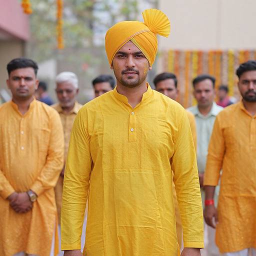 Photograph of a bearded Indian man in a yellow turban and kurta, standing in front of a group of men in matching yellow attire,
