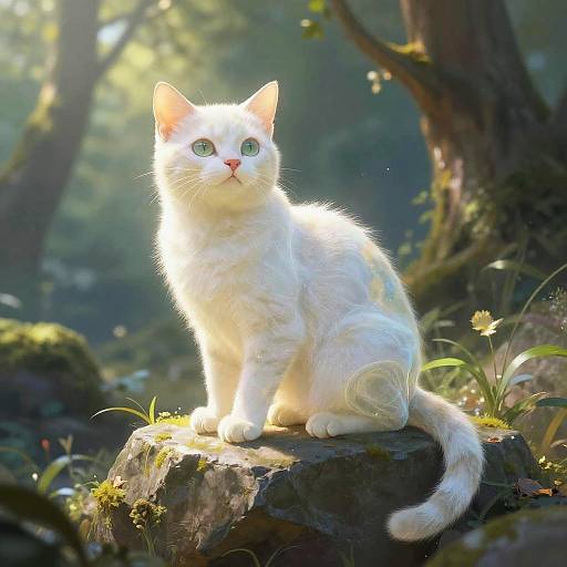 Photograph of a white cat with bright green eyes, sitting on a mossy rock in a sunlit forest, surrounded by daisies and sunlight