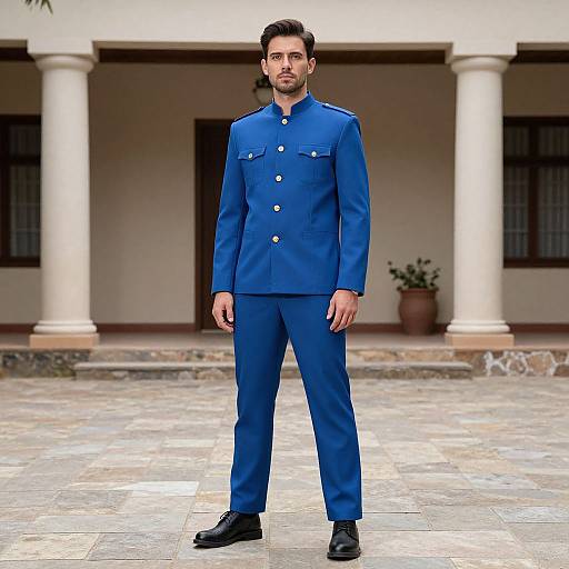 Photograph of a handsome, bearded man in a blue military-style uniform with silver buttons, standing on a stone-paved courtyard with white columns and