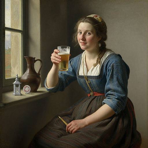 Rustic Woman by Window with Beer