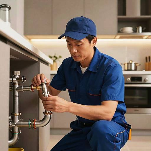 Photograph of an Asian male plumber in blue uniform and cap, fixing pipes under a modern kitchen counter with stainless steel appliances.