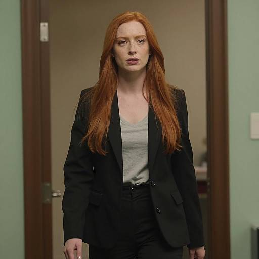 Focused Woman in Dimly Lit Doorway