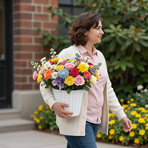Photograph of a brunette woman with shoulder-length hair, wearing a pink blouse and white cardigan, carrying a vibrant bouquet of roses and daisies