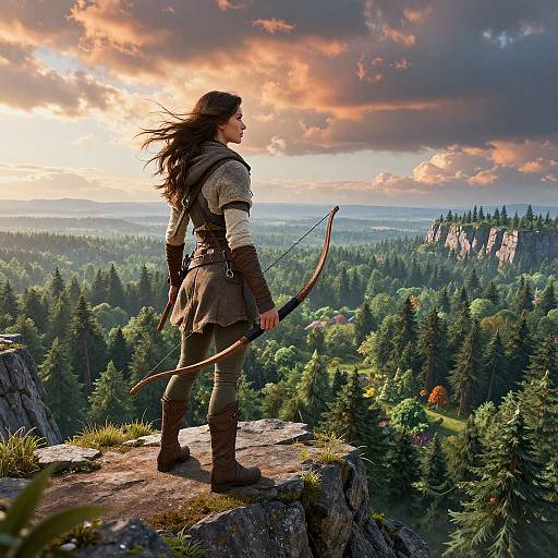 Medieval archer with long brown hair stands on rocky cliff, drawing bow, overlooking vast forested valley under dramatic sunset sky. Digital art.