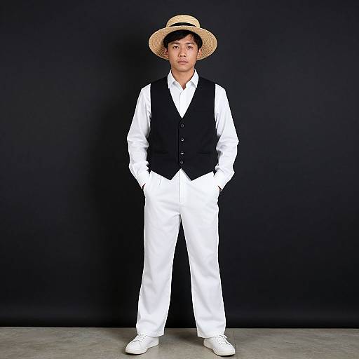 Photograph of an Asian man in white suit, black vest, and straw hat, standing against a black background, hands in pockets.