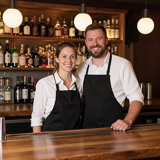 Smiling Couple Behind Cozy Bar Counter