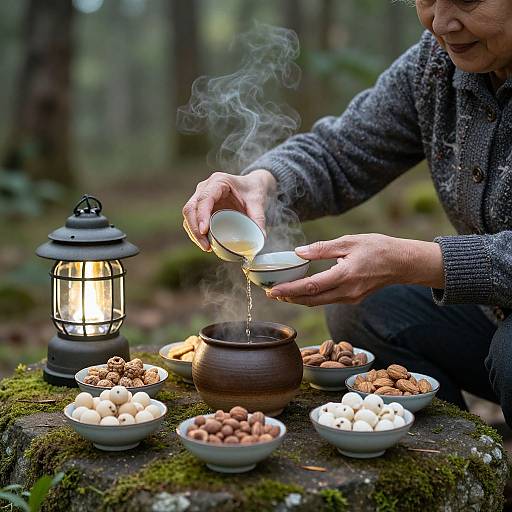 Photograph of an elderly person in a gray sweater pouring steaming milk into a brown pot on a moss-covered forest table, surrounded by white and brown