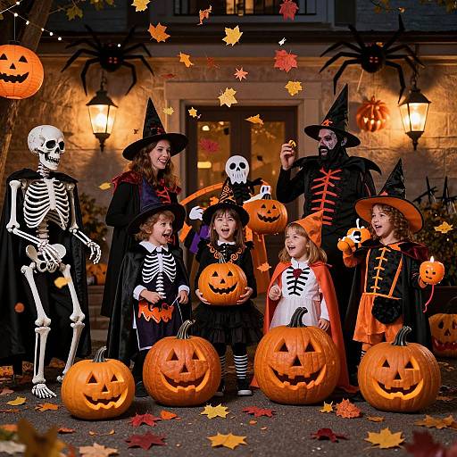 Photograph of a Halloween group featuring six children and two adults in witch and skeleton costumes, holding carved pumpkins, with spider decorations and autumn leaves on