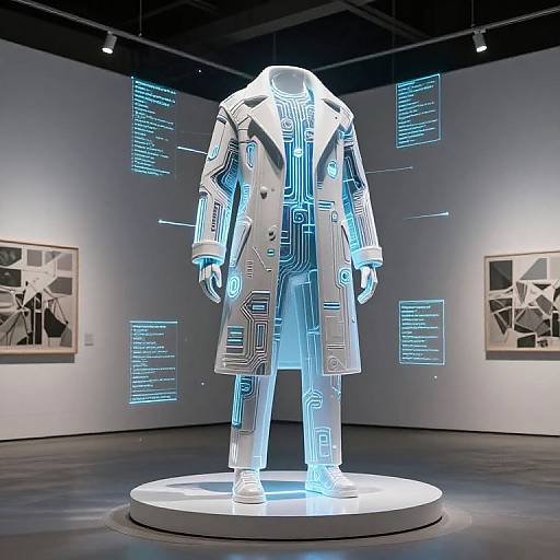 Photograph of a glowing, white, futuristic coat exhibit in a modern art gallery, illuminated by blue circuit patterns, surrounded by digital displays.