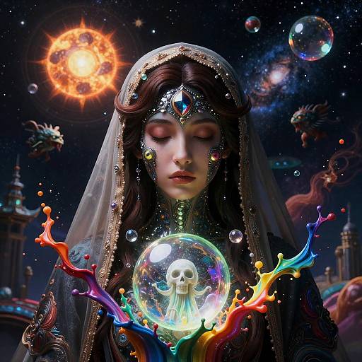 Digital art of a serene, dark-haired woman in a veil holding a glowing, skeletal bubble, surrounded by colorful splashes and celestial objects.