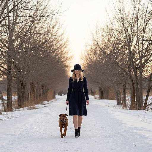 Photograph of a blonde woman in a black coat, hat, and boots, walking a brown dog on a snowy, tree-lined path at sunset.