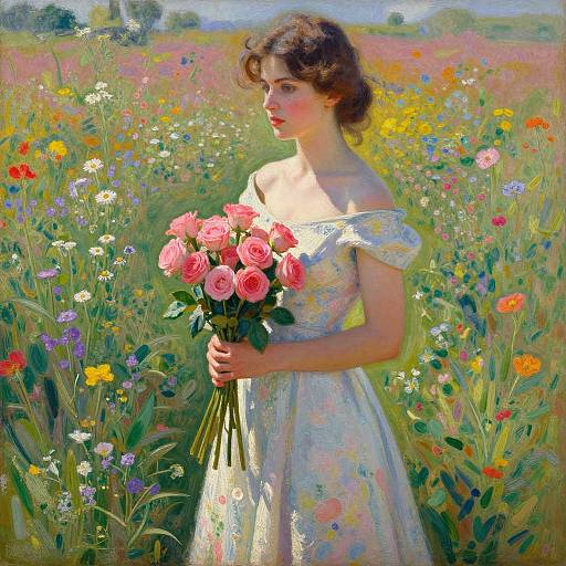 Painting of a young woman in a floral off-shoulder dress holding pink roses in a vibrant, colorful meadow. Bright sunlight highlights her delicate