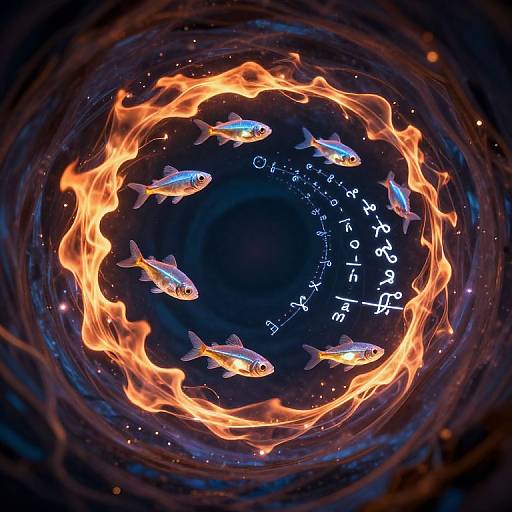 Photograph of glowing orange flames forming a circular ring around six blue and orange fish swimming in dark, starry space. Zodiac symbols and text are visible