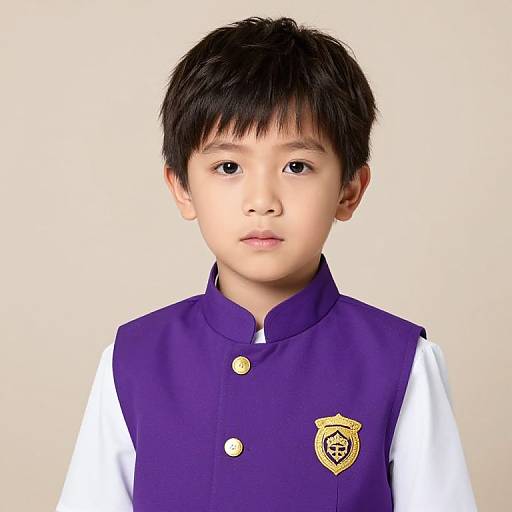 Boy in Purple Vest with Gold Emblem