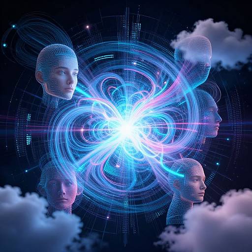 Digital illustration of six transparent human heads surrounded by swirling blue and white light, set against a dark, starry background with clouds.