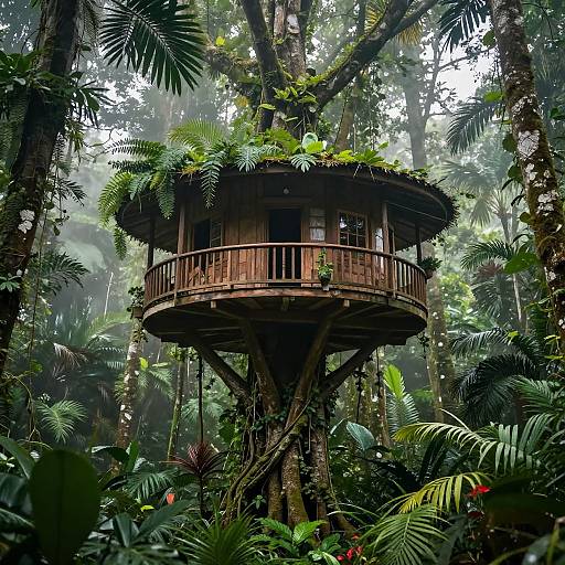 Photograph of a wooden treehouse with a circular balcony, surrounded by lush, dense jungle foliage and tall trees, dappled sunlight filtering through the