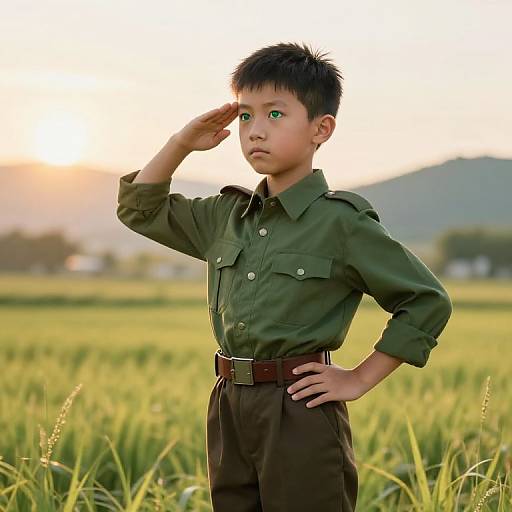 Confident Boy in Military Uniform at Sunrise