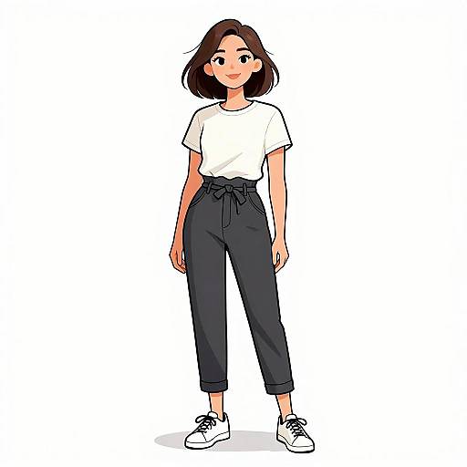 Digital illustration of a young woman with short brown hair, wearing a white t-shirt, black high-waisted pants, and white sneakers, standing against