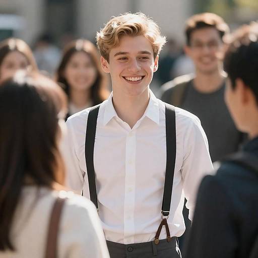 Smiling Young Man in White Shirt with Suspenders