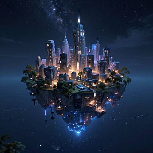 Digital artwork of a floating futuristic city at night, featuring illuminated skyscrapers, reflective water, and a starry, galaxy-filled sky.