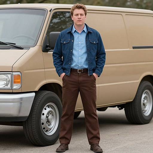 Photograph of a young white man with short blonde hair, wearing a blue denim jacket, light blue shirt, brown pants, and brown shoes, standing