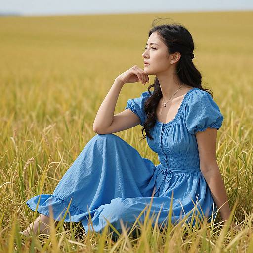 Photograph of an Asian woman with long black hair, wearing a blue dress, sitting in a golden wheat field, gazing thoughtfully into the distance