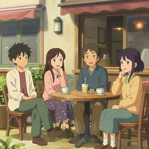 Anime-style digital drawing: Four young friends, two boys, two girls, sitting at a café table with drinks, chatting warmly under a red awning