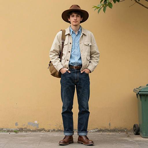 Young Man in Casual Retro Outfit Outdoors