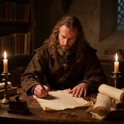 Photograph of a bearded man with long, wavy hair, in a dark, medieval robe, writing by candlelight on a parchment in a