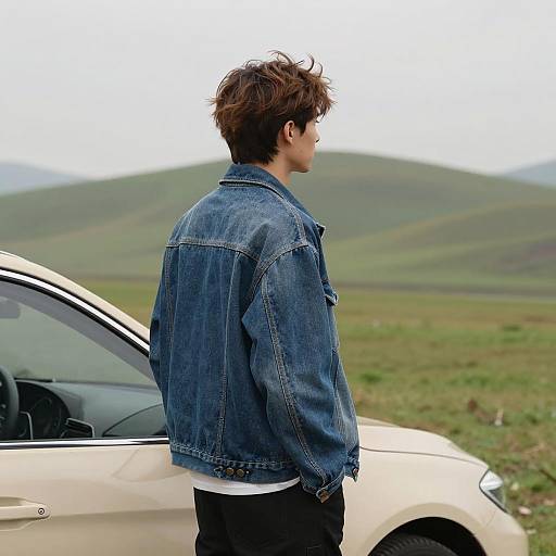 Young man in denim jacket beside car in countryside