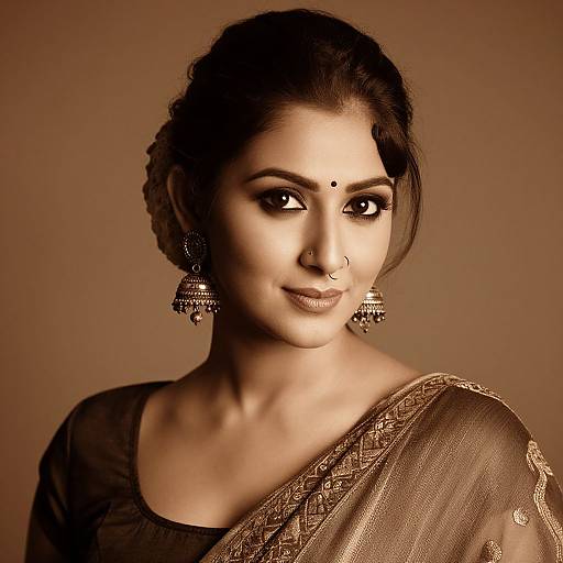 Photograph of a beautiful South Asian woman with dark hair in a bun, wearing a brown saree, gold earrings, nose ring, and bindi
