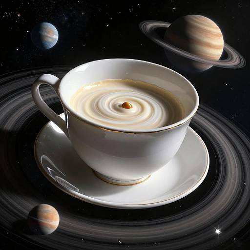 Digital artwork: A white teacup with a swirling liquid on a saucer, floating in space surrounded by planets and rings.