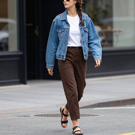 Photograph of a woman with long braided hair, wearing a blue denim jacket, white tee, brown pants, and black sandals, walking on a