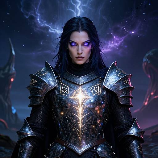 Digital art of a fierce, pale-skinned woman with glowing blue eyes, wearing metallic armor with a glowing emblem, against a cosmic, lightning-filled background