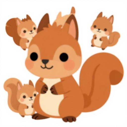 Cute digital drawing of a large, orange cartoon squirrel with black eyes and a small, smiling face, surrounded by three smaller, identical squirrels.
