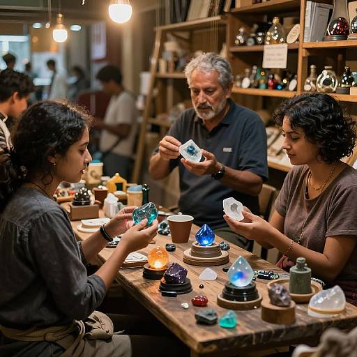 Photograph of three artisans, two women and one older man with gray beard, crafting colorful crystal paperweights in a cozy, warmly lit workshop.