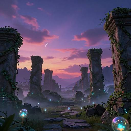 Mystical ruins at twilight, vibrant purple and pink sky, crescent moon, glowing orbs, and enchanted stone pillars with creeping vines.