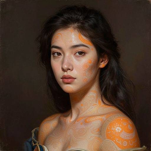 Digital portrait of an Asian woman with long black hair, orange tribal tattoos on her face, neck, and shoulders, against a dark background.