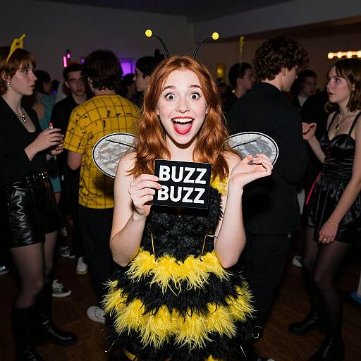 Photograph of a red-haired woman in a black and yellow bee costume with 