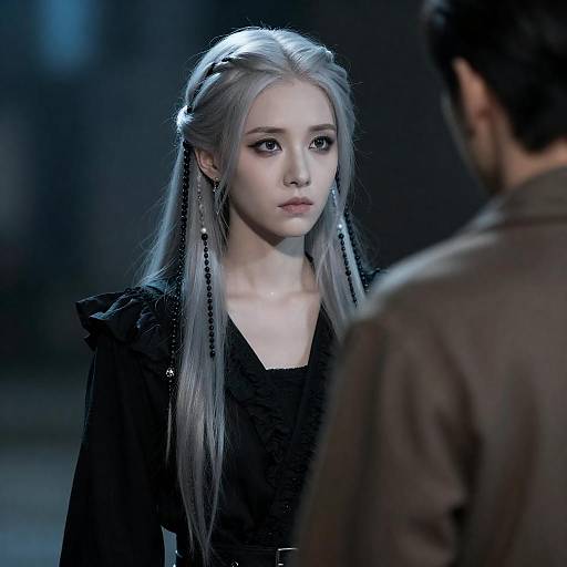 Pale Silver-Haired Woman Facing Man